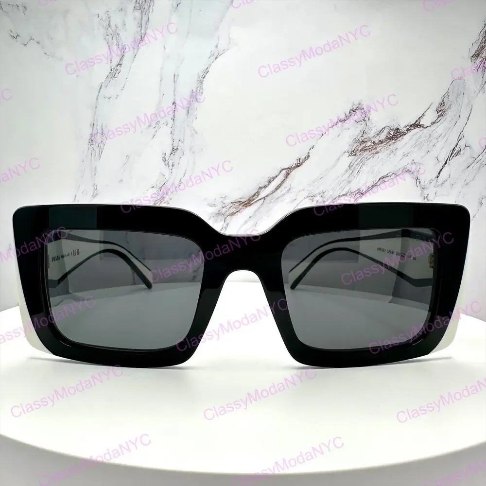 New PRADA Sunglasses Black White Talc Gold Symbole Logo Womens Rectangle